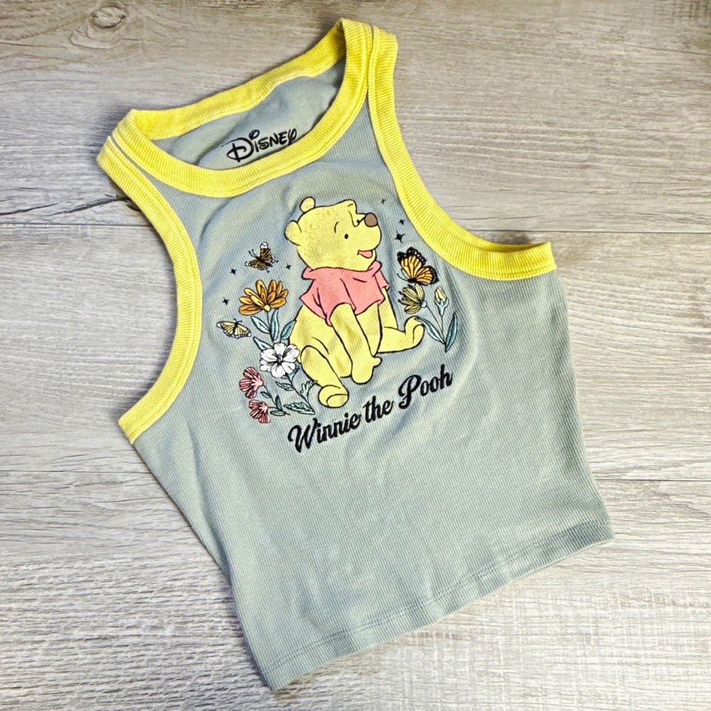 Disney Winnie the Pooh XS Ribbed Crop Tank Top Y2K Kidcore Floral Butterfly Blue